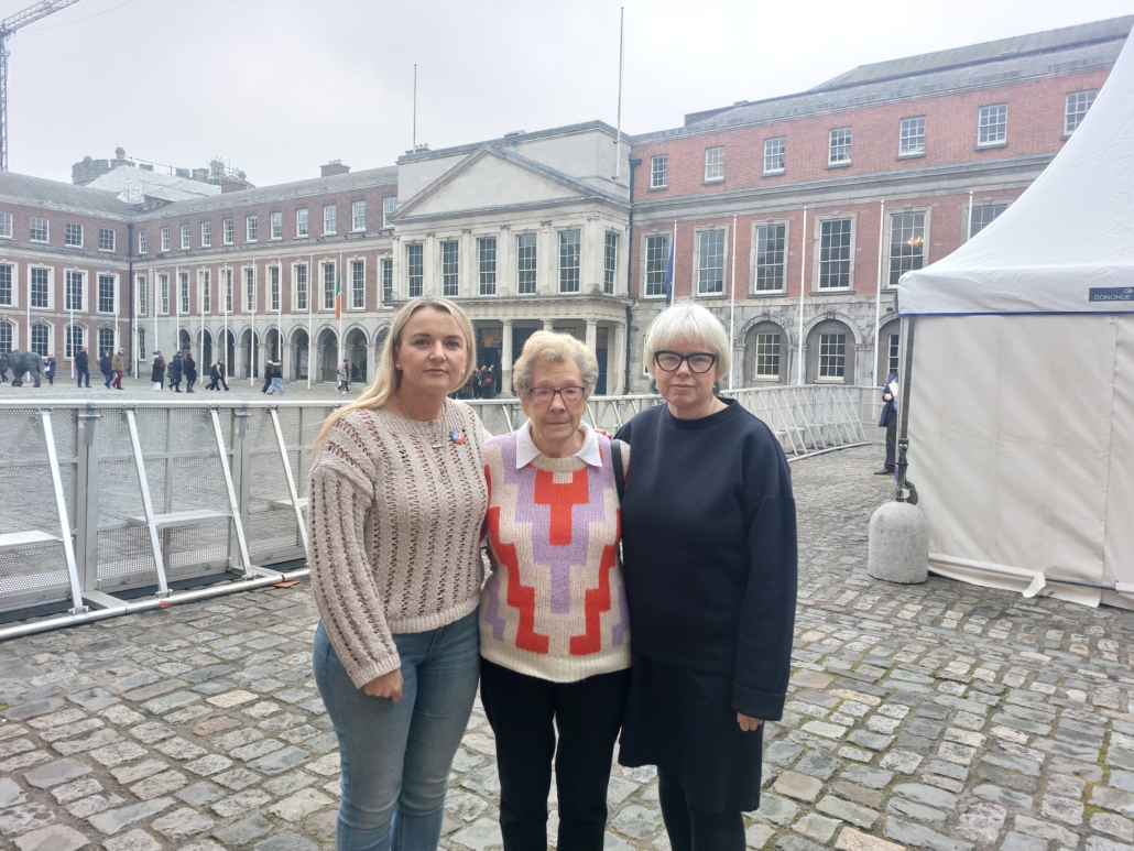 l-r Breda Murray, board member One Family, Mary Kerrigan, founding member of Cherish (One Family), and Karen Kiernan, CEO at Dublin Castle for the Family Referendum Result announcement