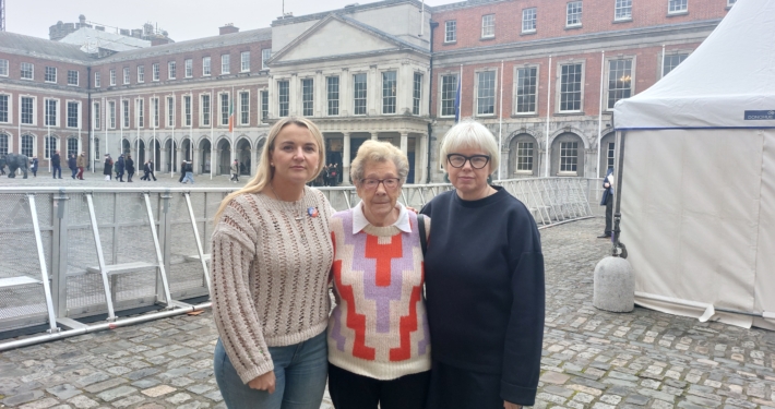 l-r Breda Murray, board member One Family, Mary Kerrigan, founding member of Cherish (One Family), and Karen Kiernan, CEO at Dublin Castle for the Family Referendum Result announcement