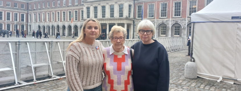 l-r Breda Murray, board member One Family, Mary Kerrigan, founding member of Cherish (One Family), and Karen Kiernan, CEO at Dublin Castle for the Family Referendum Result announcement